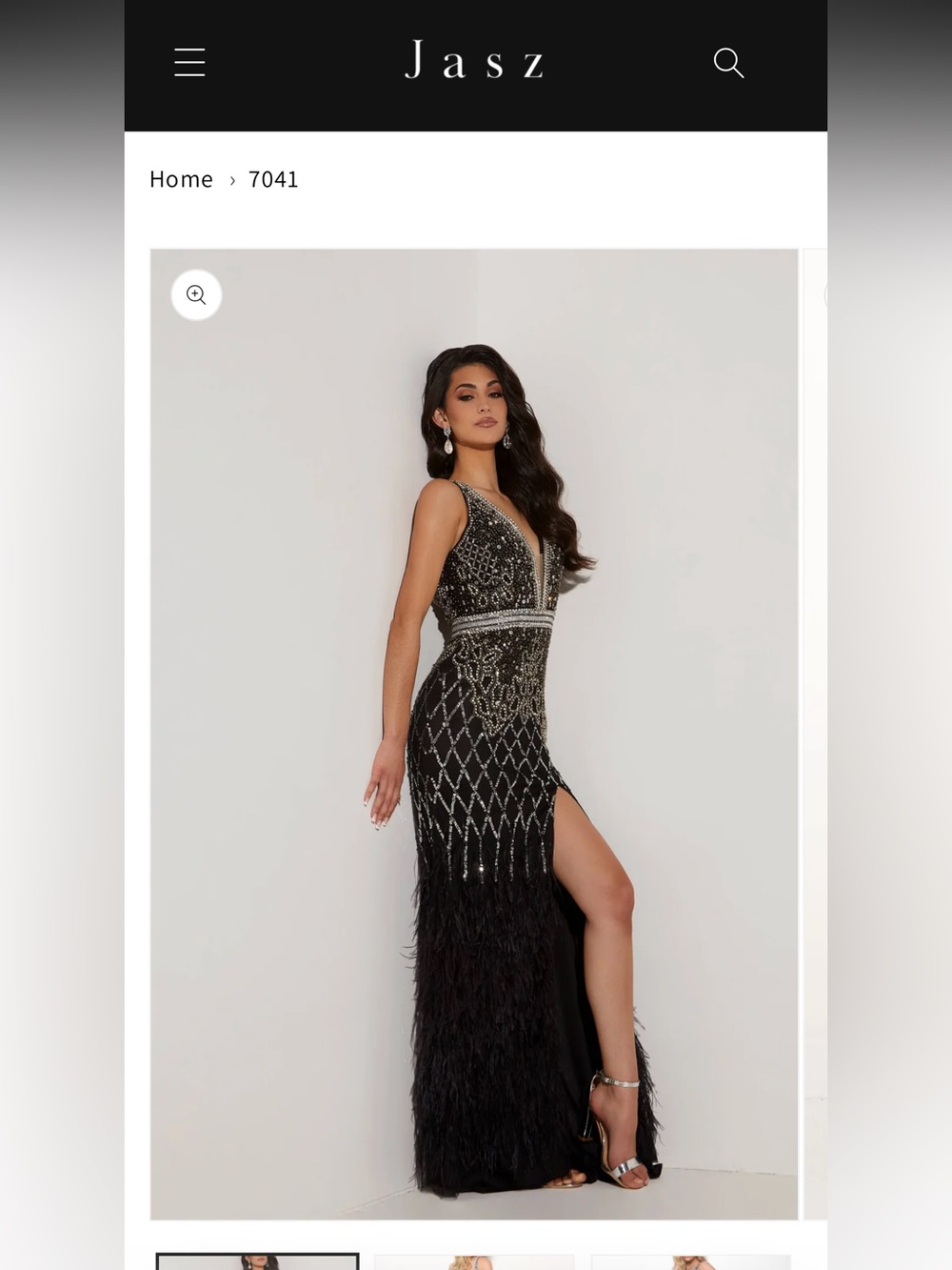 Jasz Black Beaded V-Neck Prom Dress with Feather Hem